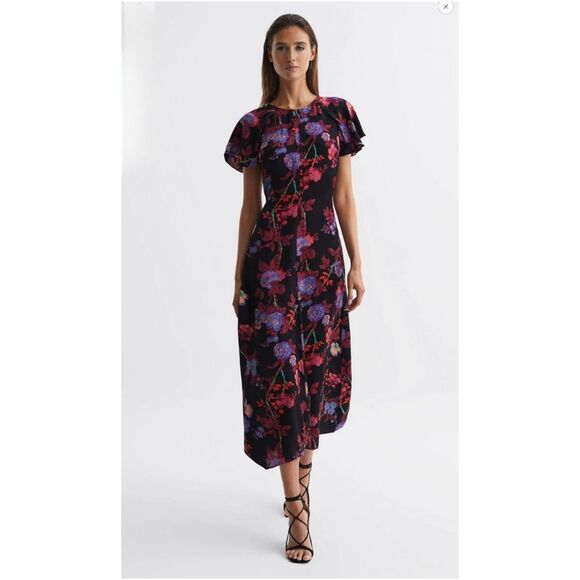 NWT Reiss LENI FITTED FLORAL PRINT Black MIDI Whimsy Fairy DRESS Size 10 *FLAWED - Picture 4 of 16
